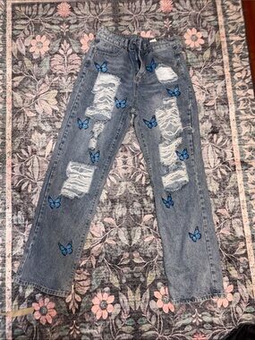 SHEIN Light Blue Denim Jeans with Blue Butterfly Patches NWOT